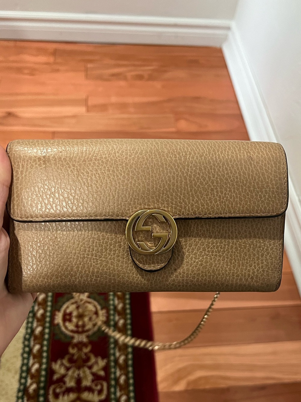 Gucci Taupe Pebbled Leather Chain Wallet with Gold GG Emblem
